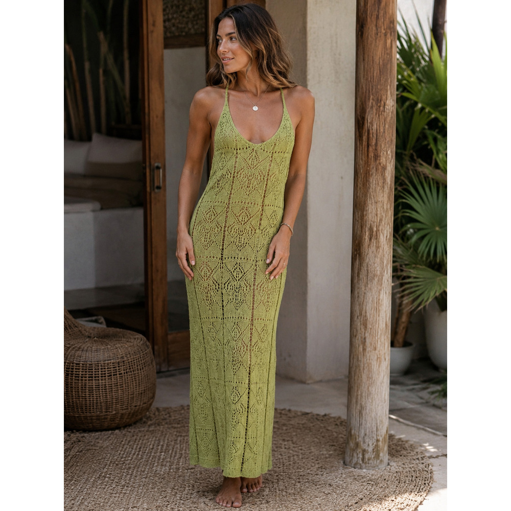 Lime Green Crochet Maxi Dress Hippie Boho Cottagecore Festival Slip Dress M